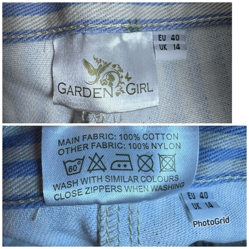 Garden Girl Capris Womens US 10 Country Stripe Blue Floral Cropped Utility Pants - Picture 3 of 16